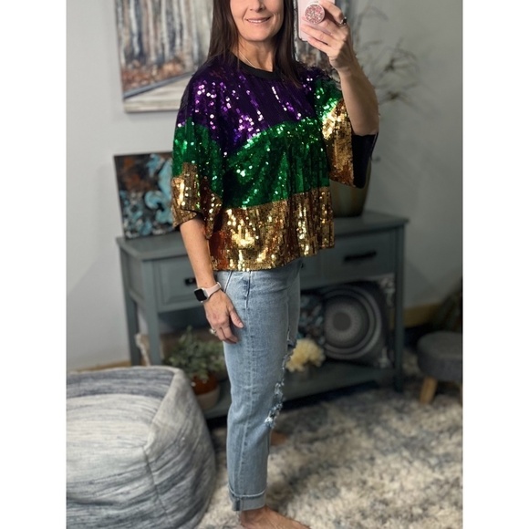 Mardi Gras Sequined Color Block Short Sleeves Cropped Purple Green Gold 0923 - Picture 4 of 8